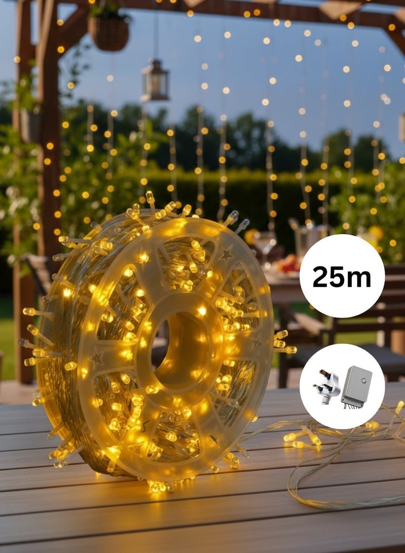 ديكور إضاءة خيطية LED بطول ٢٥ متر باللون الأصفر مع ٨ أوضاع إضاءة لزينة رمضان والعيد، إضاءة زخرفية للاستخدام الداخلي والخارجي للمنزل